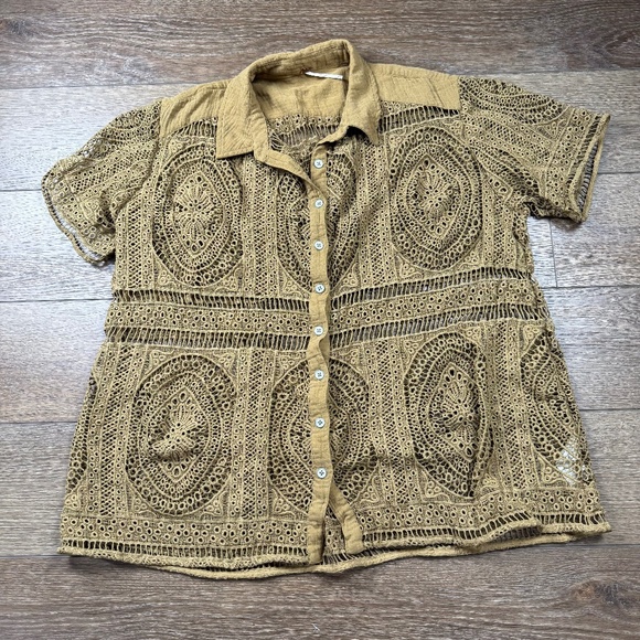Free People All Things Sweet women's Crochet Button Down Shirt M Boho Oversized - Picture 2 of 13